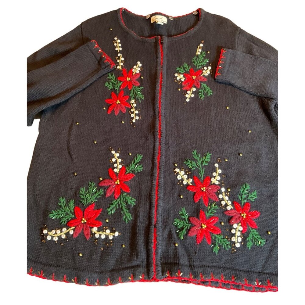 Kim Rogers Christmas Cardigan Sweater With Embroidered Poinsettias & Beads
